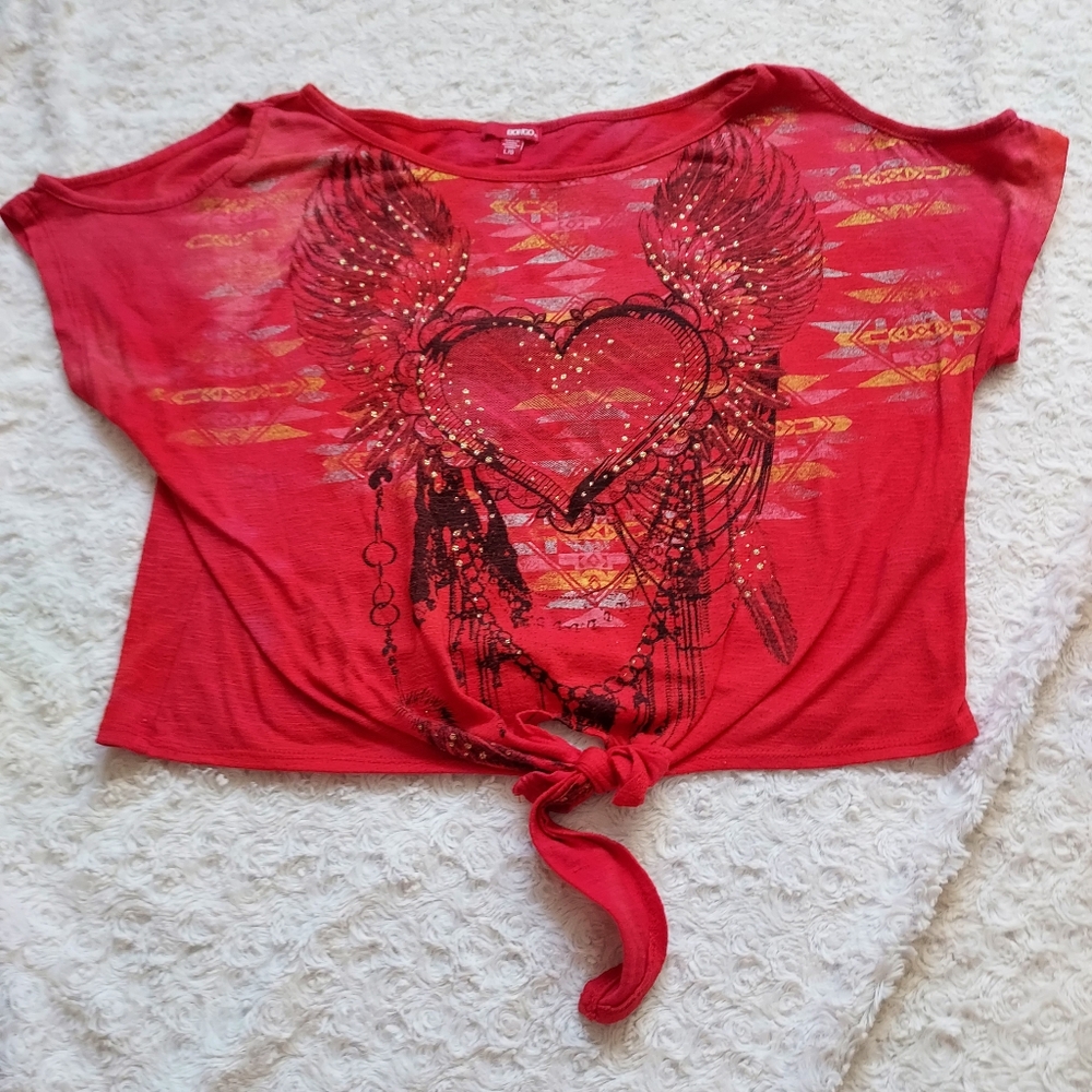 Bongo Boho Red Heart & Wings Knot tie Crop top Large Festival Spring Summer Punk